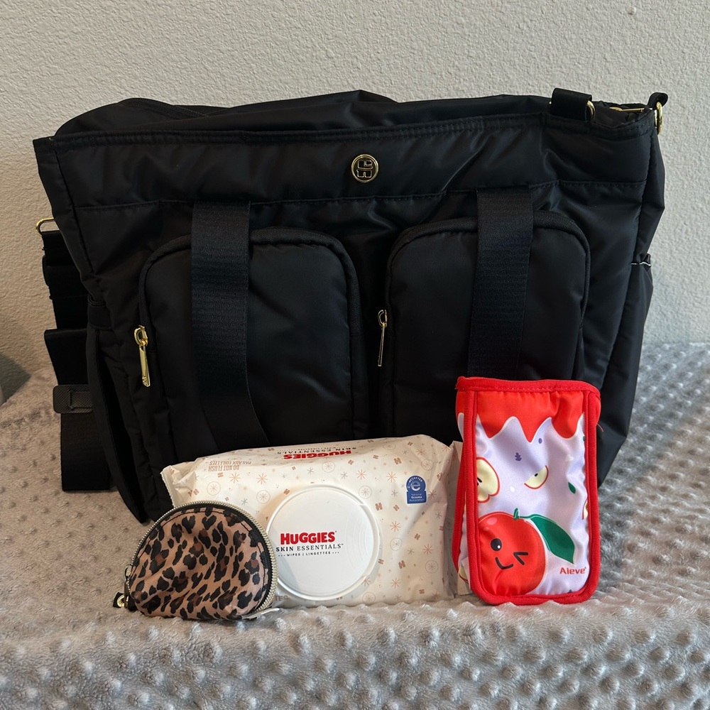 NEW! Huggies Diaper Backpack, Black Quilted gold hardware